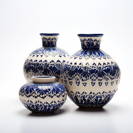 the iranian art pottery, adorned with intricate patterns and vibrant colors, sits elegantly on a pristine white isolated background, showcasing the country's rich cultural heritage and exceptional craftsmanship in ceramic art, highlighting the beauty of middle eastern pottery and decorative art pieces. ai generatedの素材