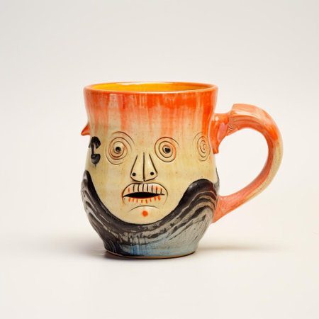 ceramic mug, adorned with intricate designs and vibrant colors, sits elegantly on a pristine white isolated background, showcasing the artisan's skillful craftsmanship, perfect for hot beverages and adding a touch of uniqueness to any morning routine, highlighting the beauty of handmade pottery. ai generatedの素材