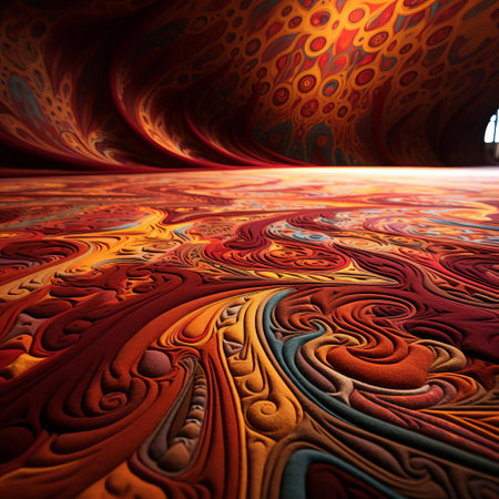 the carpet background, a vibrant and colorful textile, features a stunning floral pattern with intricate designs and subtle shading, creating a warm and inviting atmosphere, perfect for interior design, home decor, and photography backdrops, evoking feelings of comfort and elegance. ai generatedの素材