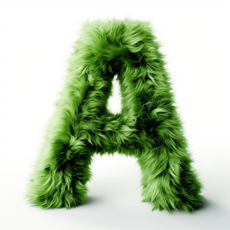 the alphabet letter a, adorned with a vibrant green furry texture, stands out prominently against a crisp white background, creating a visually striking and playful image perfect for educational or design projects focused on typography, childhood learning, and creative expression. ai generatedの素材