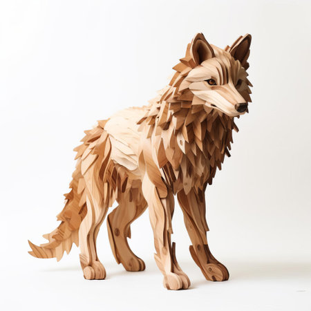 the majestic wooden wolf, meticulously handcrafted with precision, stands proudly on a pristine white background, showcasing its full body in all its glory, with intricate details and textures that evoke a sense of wildness and freedom, perfect for nature lovers and wildlife enthusiasts. ai generatedの素材
