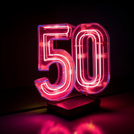 the three-hundred-five 70 sign stands out against a dark background, illuminated by vibrant neon letter box lighting that casts a mesmerizing glow, perfect for adding a touch of retro flair to any urban landscape or nightlife photography setting. ai generatedの素材