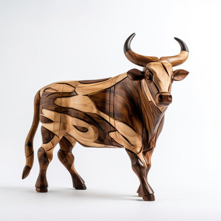 the majestic handmade wood bull, crafted with precision and care, stands proudly on a pristine white background, showcasing its sturdy full body, intricately carved wooden features, and rustic charm, evoking a sense of rural elegance and natural beauty in home decor and rustic interior design. ai generatedの素材
