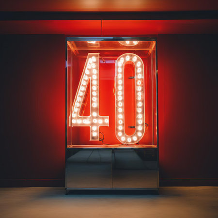 the neon sign, radiating vibrant colors, showcases the number 440 in bold, 70-inch tall lettering, perfectly encased in a sleek box lighting fixture, ideal for modern interior design, adding a touch of futuristic ambiance to any room or commercial space. ai generatedの素材