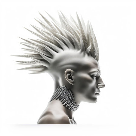 the 3d male model showcases a bold mohawk hairstyle, standing out against a crisp white isolated background, perfect for graphic designs, digital art, and futuristic visualizations, highlighting modern style, edgy fashion, and avant-garde aesthetics. ai generatedの素材