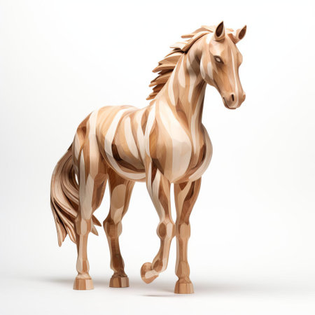 the wooden horse, meticulously handcrafted with precision, stands proudly on a pristine white background, showcasing its elegant full body pose, exuding rustic charm and natural beauty, perfect for rustic home decor or as a unique gift for horse enthusiasts and animal lovers alike. ai generatedの素材