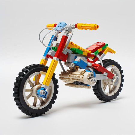 the vibrant lego bike, with its colorful wheels and sleek design, stands proudly on a pristine white background, showcasing its intricate details and playful charm, perfect for toy enthusiasts and photography lovers alike, capturing the joy of childhood creativity and imagination. ai generatedの素材