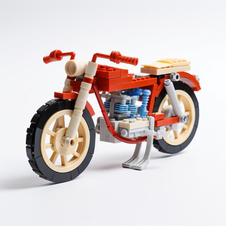 the vibrant lego bike stands proudly on a pristine white background, showcasing its intricate details and colorful design, perfect for kids and adults alike to appreciate the miniature marvel of engineering and creativity, evoking a sense of nostalgia and playfulness. ai generatedの素材