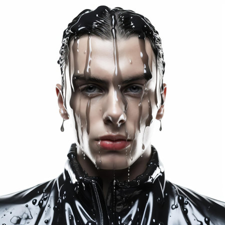 the handsome 3d male model showcases a sleek wet look, glistening with moisture, posed against a pristine white isolated background, highlighting his chiseled features and athletic physique, perfect for fitness, wellness, and beauty-themed visual projects. ai generatedの素材