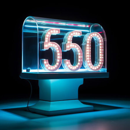 the retro-style five-hundred-eighty 70 sign shines brightly in a neon letter box lighting, radiating a nostalgic vibe with its vibrant colors and futuristic appeal, perfect for adding a touch of nostalgia and modernity to any room's decor, capturing the essence of vintage technology and futuristic design. ai generatedの素材