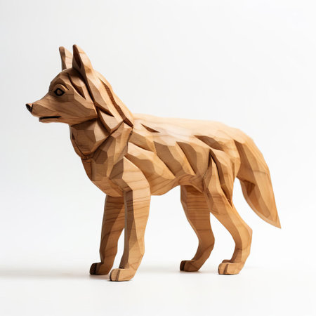 the majestic handmade wood wolf, meticulously crafted with precision, stands proudly on a pristine white background, showcasing its powerful full body, exuding a sense of wild freedom and nature's beauty, perfect for nature lovers and wildlife enthusiasts seeking unique wooden art decor. ai generatedの素材