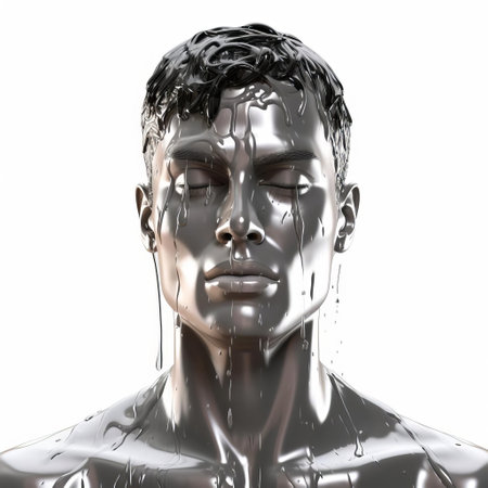 the muscular male model showcases a sleek, wet look, glistening with dew, posing confidently against a pristine white isolated background, highlighting his chiseled physique and striking features, perfect for fitness, wellness, and health-related visual content. ai generatedの素材