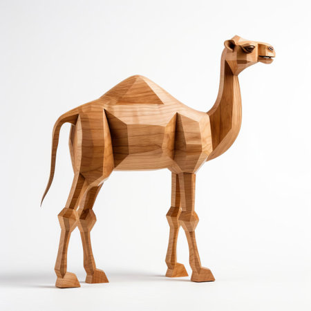 the handmade wood camel, crafted with precision and care, stands proudly on a pristine white background, showcasing its intricately carved full body, highlighting the artisan's skill in capturing the majestic beauty of this desert dweller, perfect for home decor or as a unique gift. ai generatedの素材