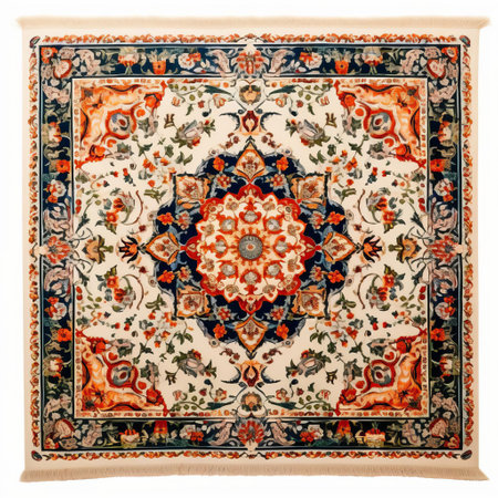 the persian carpet, with its intricate patterns and vibrant colors, lies elegantly on a pristine white isolated background, showcasing its luxurious texture and exquisite design, perfect for adding a touch of sophistication to any room's decor, evoking feelings of warmth and opulence. ai generatedの素材