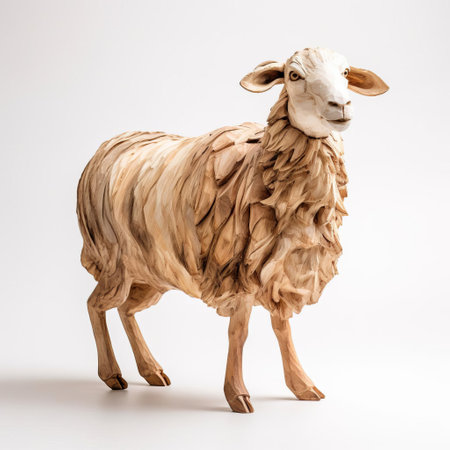 the rustic handmade wood sheep, crafted with precision and care, stands proudly on a pristine white background, showcasing its intricately carved full body, evoking a sense of rural charm and warmth, perfect for nature-inspired home decor or as a unique gift for animal lovers. ai generatedの素材