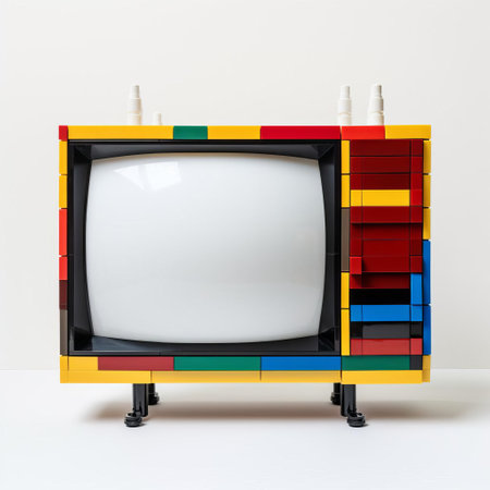 the television is encased in a colorful lego-style frame, comprising red, yellow, blue, and green blocks, which adds a playful and nostalgic touch, reminiscent of childhood creativity and imagination, perfect for a retro-themed living room or a fun kids' play area. ai generatedの素材