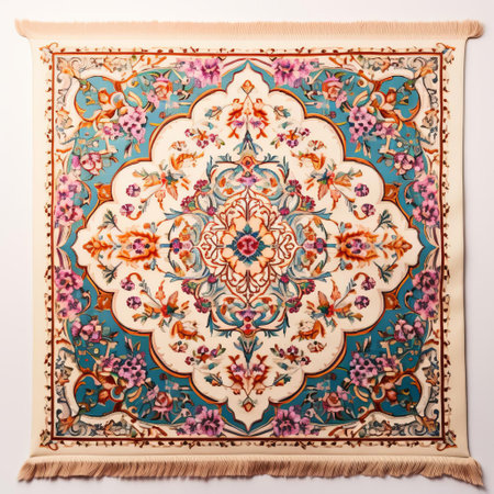 the persian carpet, with its intricate patterns and vibrant colors, lies elegantly on a pristine white isolated background, showcasing its luxurious texture and ornate design, evoking a sense of traditional middle eastern elegance and sophistication in home decor and interior design. ai generatedの素材