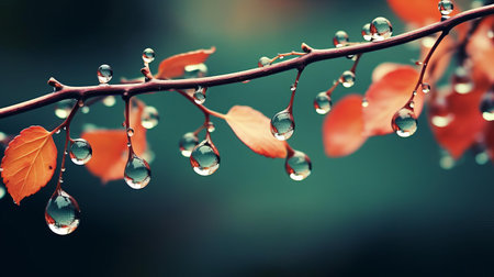 delicate tree branches are adorned with sparkling water drops, glistening in the morning dew, creating a serene and peaceful atmosphere, perfect for a nature-inspired wallpaper, evoking feelings of calmness and tranquility, ideal for a relaxing desktop or mobile background. ai generatedの素材
