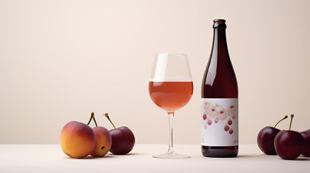 the belgian dubbel beer glass sits elegantly on a rustic wooden table, surrounded by a few plum fruits and a minimalist art piece in the background, evoking a sense of simplicity and sophistication, perfect for a quiet evening of beer tasting and contemplation. ai generatedの素材