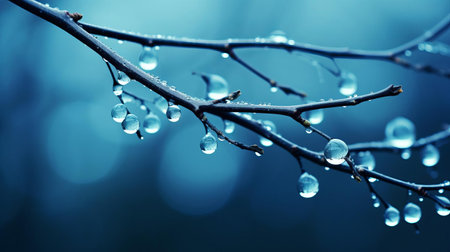 delicate tree branches stretch diagonally across the frame, their slender, bare twigs adorned with glistening droplets of varying sizes, adding an air of elegance to the serene winter scene, set against a soft, blurred backdrop of calming blue hues that gradate to a darker tone at the bottom. ai generatedの素材