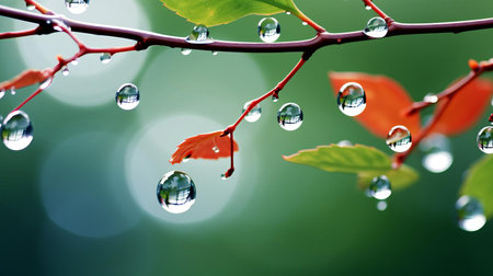 delicate tree branches are adorned with sparkling water drops, glistening in the morning dew, creating a serene and peaceful atmosphere, perfect for a nature-inspired wallpaper, evoking feelings of calmness and tranquility, ideal for a relaxing desktop or mobile background. ai generatedの素材