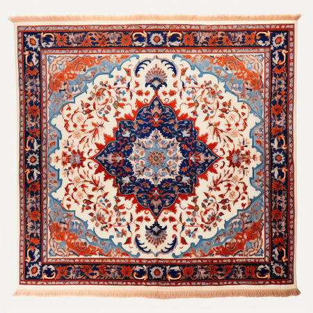 the persian carpet, adorned with intricate patterns and vibrant colors, lies elegantly on a pristine white isolated background, showcasing its luxurious texture and exquisite design, perfect for adding a touch of sophistication to any room's decor, evoking feelings of warmth and opulence. ai generatedの素材