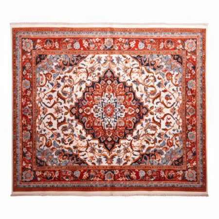 the persian carpet, with its intricate patterns and vibrant colors, lies elegantly on a pristine white isolated background, showcasing its exquisite design and craftsmanship, perfect for adding a touch of luxury and sophistication to any room's decor, ideal for interior design and home decoration inspiration. ai generatedの素材