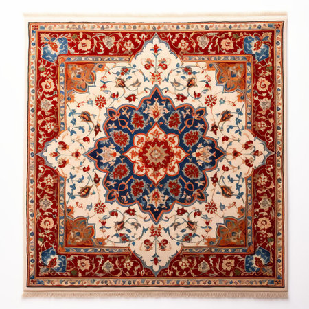 the persian carpet, with its intricate patterns and vibrant colors, lies elegantly on a white isolated background, showcasing its exquisite design and craftsmanship, perfect for home decor inspiration, traditional rug enthusiasts, and cultural heritage aficionados. ai generatedの素材