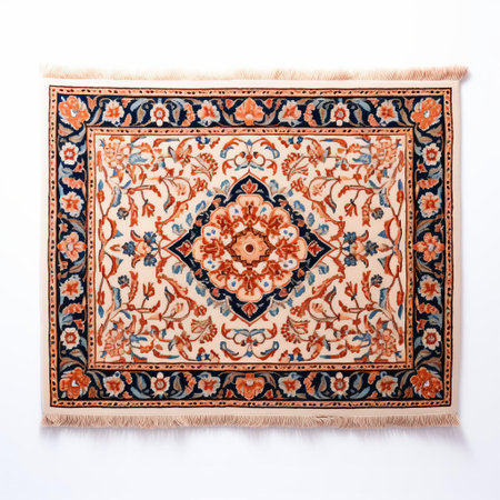 the persian carpet, with its intricate patterns and vibrant colors, lies elegantly on a pristine white isolated background, showcasing its exquisite craftsmanship and luxurious appeal, perfect for adding a touch of sophistication to any room's decor, evoking feelings of warmth and opulence. ai generatedの素材
