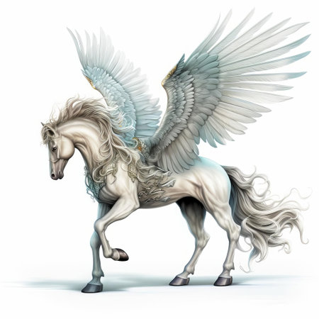 pegasus, the majestic mythological horse, stands proudly in a powerful full-body pose, its wings spread wide, against a crisp white isolated background, showcasing its elegant physique and striking features, perfect for fantasy and mythology-inspired designs and artwork. ai generatedの素材