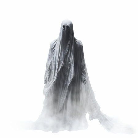 the ghost, a spooky and eerie entity, is captured in a full-body pose on a pristine white isolated background, evoking a sense of mystery and otherworldliness, perfect for halloween or paranormal-themed designs, adding a touch of supernatural flair to any project. ai generatedの素材