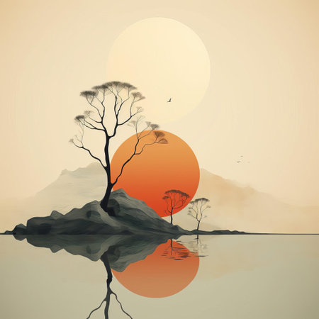 mountain peaks rise majestically in the background of this serene landscape, set against a soft blue sky with subtle gradient effects, showcasing a stylized minimalist design that exudes calmness and tranquility, perfect for nature lovers and fans of simple yet striking artwork. ai generatedの素材