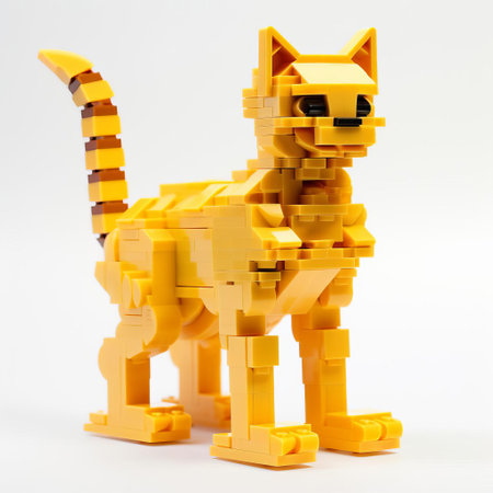 the adorable lego cat sits proudly on a pristine white background, showcasing its intricately designed full body, complete with tiny whiskers and a cute nose, making it a delightful subject for photography and a must-have for lego enthusiasts and feline fans alike. ai generatedの素材