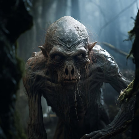 a forsaken creature looking directly at the camera, its piercing eyes conveying a sense of desperation and longing, set against a dark and eerie background, evoking feelings of mystery and intrigue, perfect for fans of dark fantasy and horror photography. ai generatedの素材
