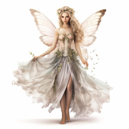 the fairy, adorned with delicate wings and a flowing gown, stands majestically on a pristine white isolated background, showcasing her ethereal beauty and whimsical charm, perfect for fantasy and mythology-inspired art, illustrations, and design projects. ai generatedの素材