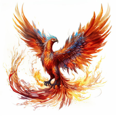 the majestic phoenix, a mythical bird of fire and rebirth, spreads its vibrant wings and tail feathers in a stunning full-body pose, set against a crisp white isolated background, evoking a sense of purity and elegance, perfect for fantasy and mythology-inspired designs and art projects. ai generatedの素材