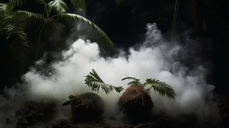 palm tree stands tall in a dramatic and atmospheric setting, surrounded by a deep, rich black background punctuated by wispy white clouds that add a sense of drama and mystery, evoking feelings of tropical elegance and exotic getaway, perfect for relaxation and tranquility. ai generatedの素材