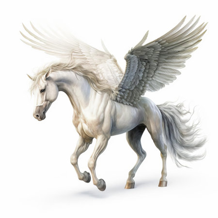 pegasus, the majestic mythical horse, stands proudly in its full body glory, showcasing its powerful muscles and elegant wings, set against a crisp white isolated background, evoking a sense of freedom and strength, perfect for mythological and fantasy-themed designs. ai generatedの素材