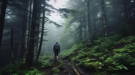 hemlock forest stands tall amidst a veil of atmospheric aerosols, its misty surroundings adding an air of mystery to this serene hiking destination, where nature lovers can trek through the dense foliage and breathe in the freshness of the forest's earthy scent. ai generatedの素材