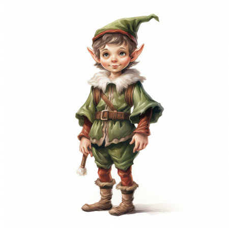 the elf, dressed in vibrant green attire, stands proudly on a pristine white isolated background, showcasing its mythical beauty with intricate details, perfect for fantasy and folklore-inspired designs, illustrations, and digital art projects, evoking a sense of magic and wonder. ai generatedの素材