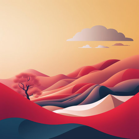 mountain peaks rise majestically in the background of this serene landscape, set against a soft, gradient blue sky, while a lone tree stands tall in the foreground, its branches stretching out in a stylized, minimalist design, evoking a sense of calm and tranquility in this nature-inspired artwork. ai generatedの素材