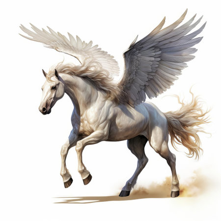 pegasus, the majestic mythical horse, stands proudly in full body pose on a crisp white isolated background, its wings spread wide, showcasing its powerful muscles and elegant features, evoking a sense of freedom and mythology, perfect for fantasy and ancient greece inspired designs. ai generatedの素材