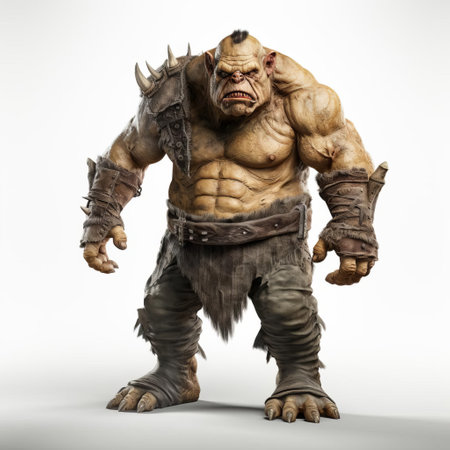the ogre, a mythical creature, stands proudly on a white isolated background, showcasing its gruesome yet fascinating features, from its bulbous nose to its razor-sharp claws, in a stunning full-body display, perfect for fantasy and mythology enthusiasts. ai generatedの素材
