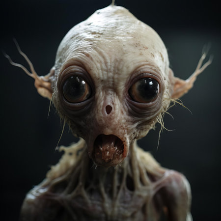 the eerie creature, with its pale skin and dark eyes, stares directly at the camera, exuding an unsettling aura of mystery and foreboding, evoking feelings of unease and fascination, perfect for fans of dark fantasy and horror fiction. ai generatedの素材
