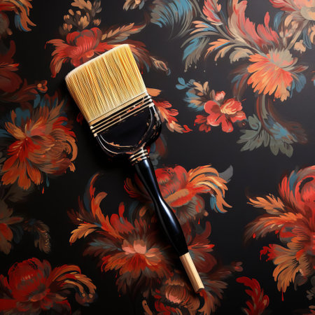 a paintbrush lies against a dramatic black wallpaper, its bristles stained with vibrant colors, evoking a sense of artistic expression and creativity, perfect for a modern home decor or office interior design with a touch of elegance and sophistication. ai generatedの素材