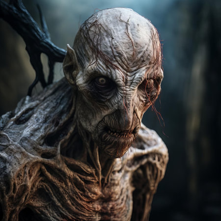 this forsaken creature, with its piercing eyes, looks directly at the camera, exuding a sense of eeriness and mystery, evoking feelings of unease and curiosity, as if it's a supernatural being from a dark, mystical realm, shrouded in an aura of secrecy and enigma. ai generatedの素材