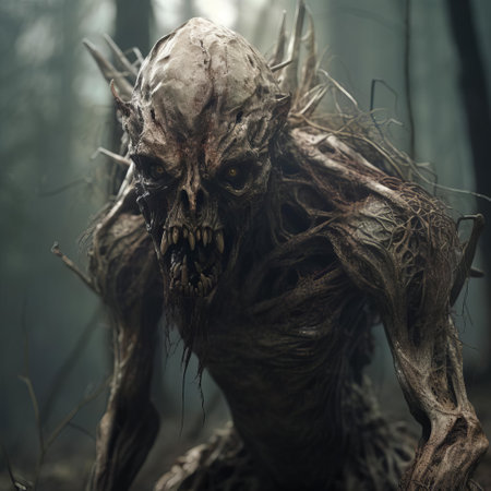 this forsaken creature, with its haunting gaze, looks directly at the camera, exuding an air of mystery and eeriness, its worn and weathered features a testament to its struggles in the harsh wilderness, evoking feelings of sympathy and curiosity in the viewer. ai generatedの素材