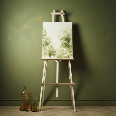the easel stands proudly against a backdrop of khaki wallpaper, its wooden legs and canvas holder a perfect contrast to the muted, earthy tones of the wall, evoking a sense of creativity and artistic expression in a rustic, natural setting, ideal for artists and designers. ai generatedの素材