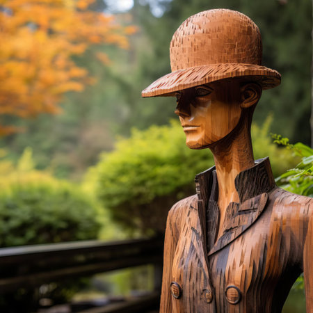 the wooden mannequin stands majestically amidst a serene landscape, surrounded by lush greenery and vibrant wildflowers, evoking a sense of tranquility and harmony with nature, perfect for photographers and artists seeking inspiration in the great outdoors. ai generatedの素材
