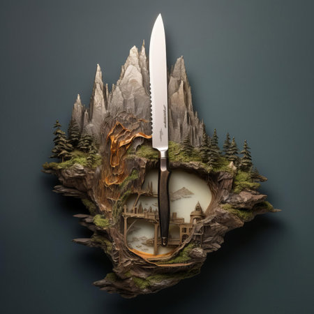 a landscape craft knife lies on a wooden table, surrounded by scraps of paper and creative chaos, waiting to be used for precision cutting and shaping of intricate designs and patterns in various art projects and diy crafts. ai generatedの素材